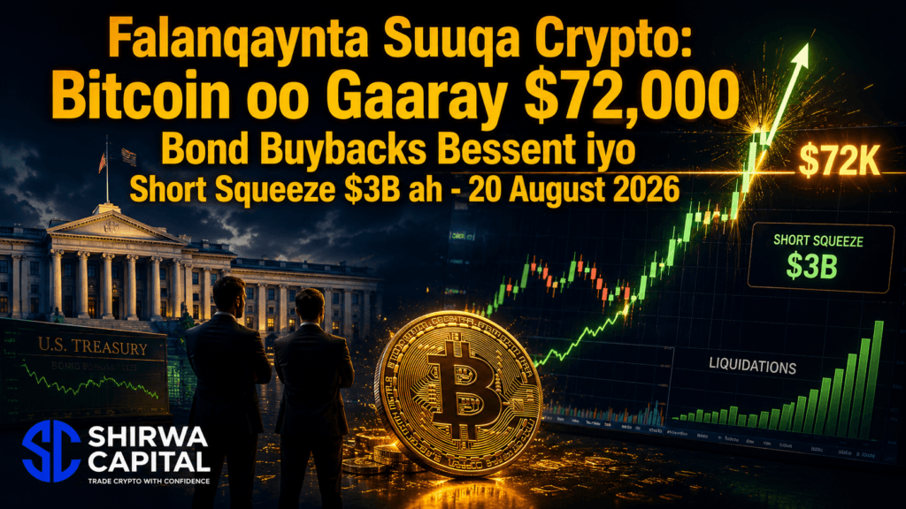 Falanqaynta Suuqa Crypto: Bitcoin oo Gaaray $72,000 — Bond Buybacks Bessent iyo Short Squeeze $3B ah — 20 August 2026