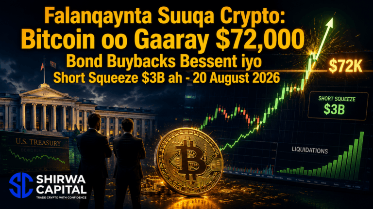 Falanqaynta Suuqa Crypto: Bitcoin oo Gaaray $72,000 — Bond Buybacks Bessent iyo Short Squeeze $3B ah — 20 August 2026