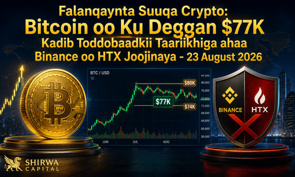 Falanqaynta Suuqa Crypto: Bitcoin oo Ku Deggan $77K Kadib Toddobaadkii Taariikhiga ahaa Binance oo HTX Joojinaya - 23 August 2026