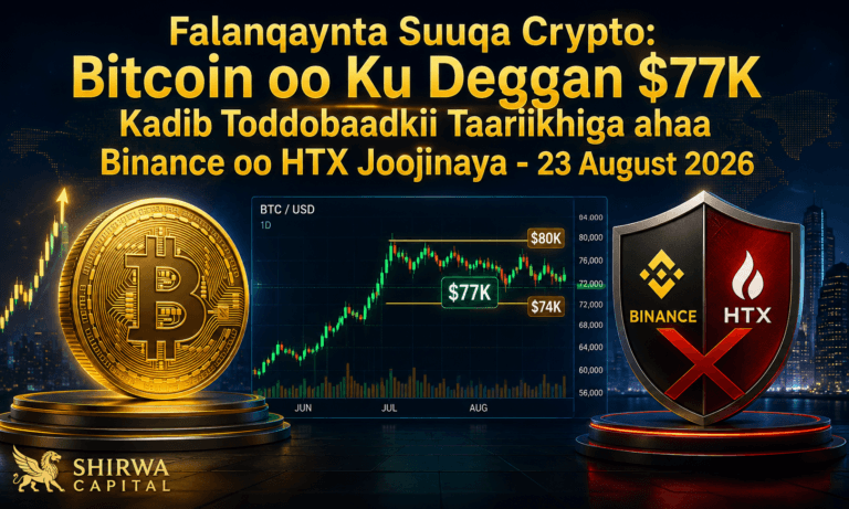 Falanqaynta Suuqa Crypto: Bitcoin oo Ku Deggan $77K Kadib Toddobaadkii Taariikhiga ahaa Binance oo HTX Joojinaya - 23 August 2026
