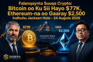 Falanqaynta Suuqa Crypto: Bitcoin oo Ku Sii Hayo $77K, Ethereum-na oo Gaaray $2,500 Indhuhu Jackson Hole -24 August 2026