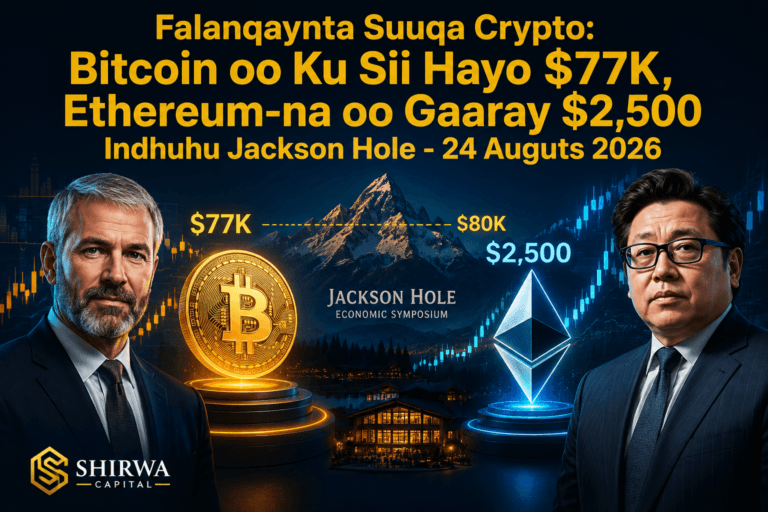 Falanqaynta Suuqa Crypto: Bitcoin oo Ku Sii Hayo $77K, Ethereum-na oo Gaaray $2,500 Indhuhu Jackson Hole -24 August 2026