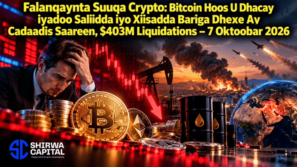 Falanqaynta Suuqa Crypto: Bitcoin Hoos U Dhacay iyadoo Saliidda iyo Xiisadda Bariga Dhexe Ay Cadaadis Saareen, $403M Liquidations β 7 Oktoobar 2026