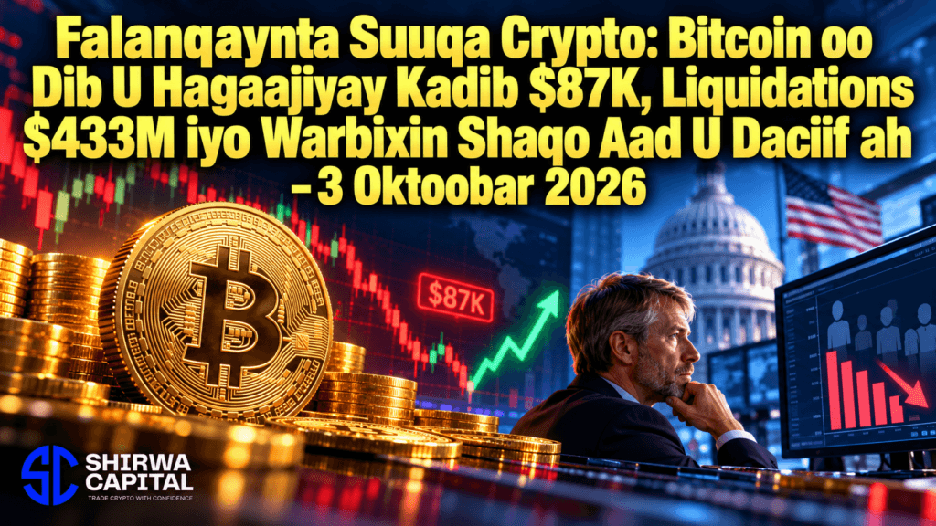 Falanqaynta Suuqa Crypto: Bitcoin oo Dib U Hagaajiyay Kadib $87K, Liquidations $433M iyo Warbixin Shaqo Aad U Daciif ah – 3 Oktoobar 2026